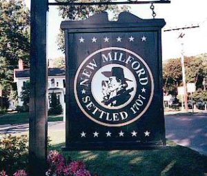 The New Milford CT sign on the town green. Candlewood Solar power. threatened salamanders
